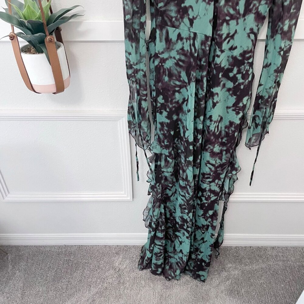 Daska Tiered Chiffon Dress in Green Print Long Sleeve Size UK L Dark Romantic - Picture 8 of 10